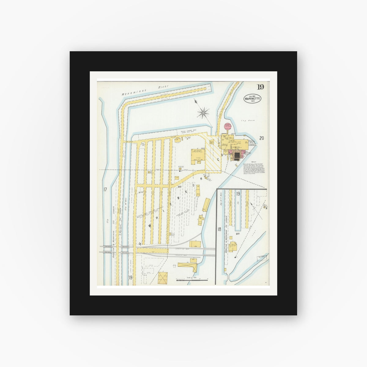 Old map wall art mockup — black gallery frame with white mat — Sanborn Fire Insurance Map from Marinette, Marinette County, Wisconsin (1901), Sheet #0019