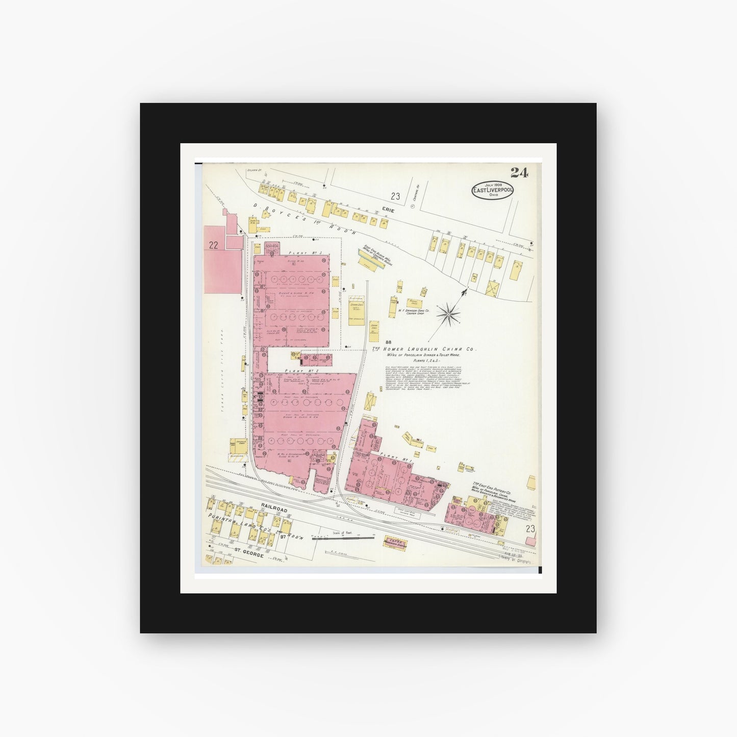 Old map wall art mockup — black gallery frame with white mat — Sanborn Fire Insurance Map from East Liverpool, Columbiana County, Ohio (1908), Sheet #0024