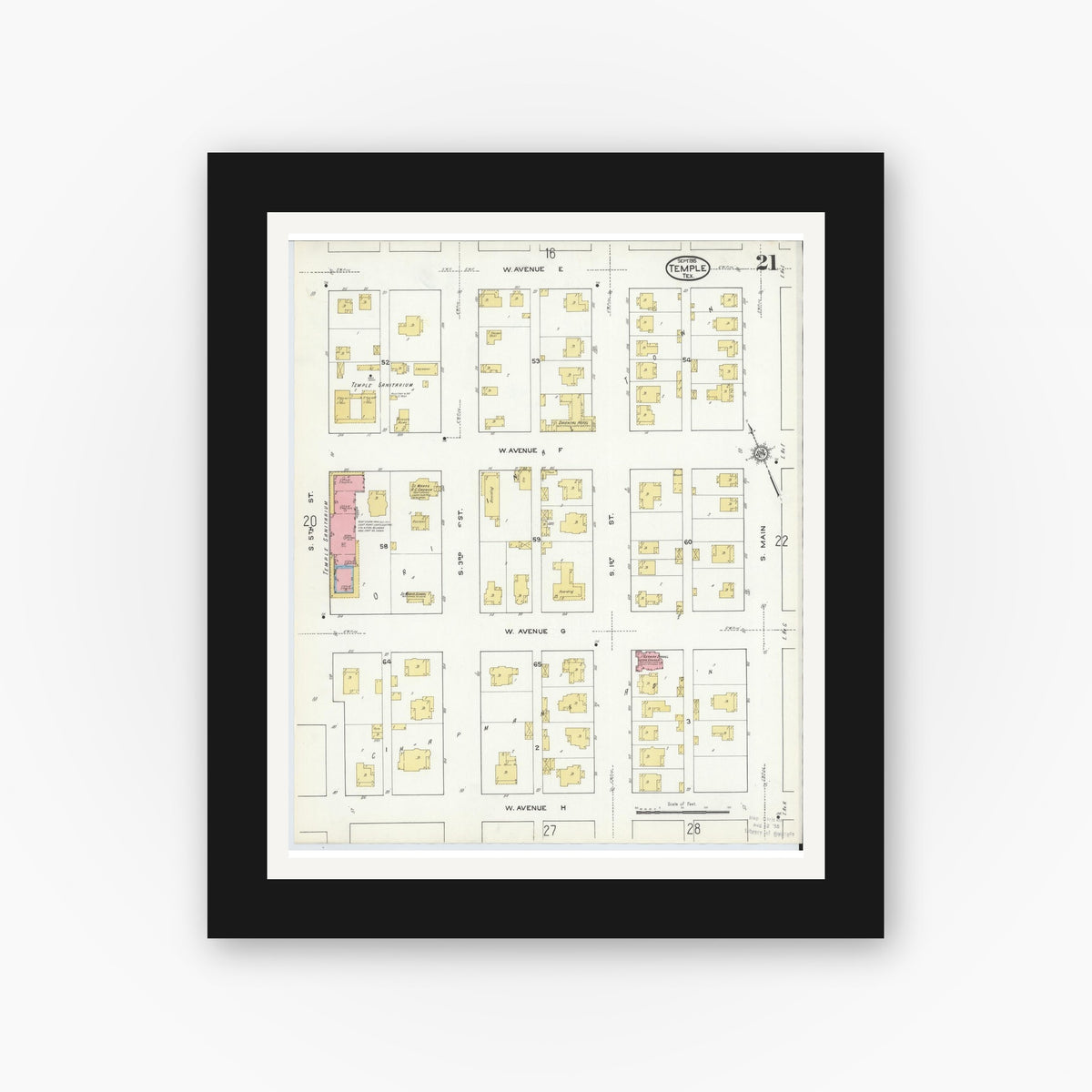 Old map wall art mockup — black gallery frame with white mat — Sanborn Fire Insurance Map from Temple, Bell County, Texas (1915), Sheet #0021