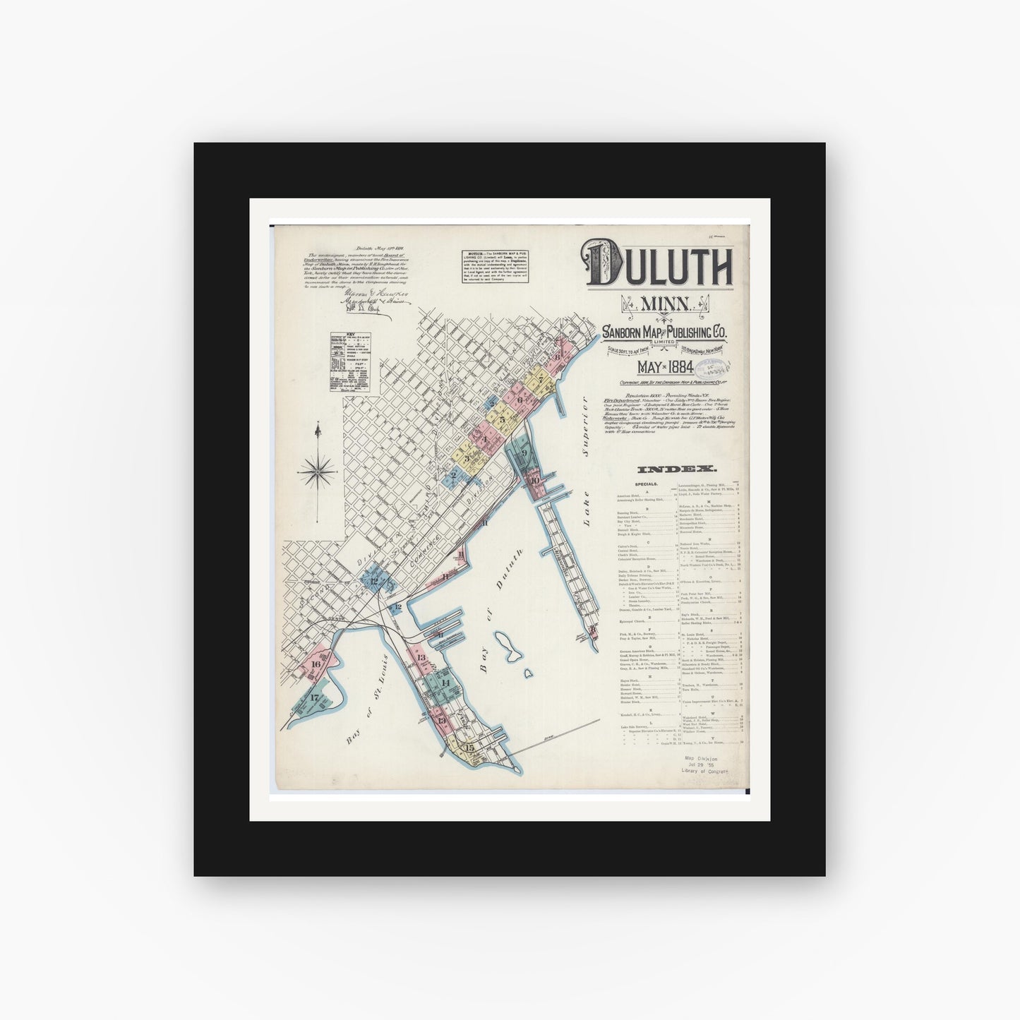 Old map wall art mockup — black gallery frame with white mat — Sanborn Fire Insurance Map from Duluth, Saint Louis County, Minnesota (1884) - Complete Map Set