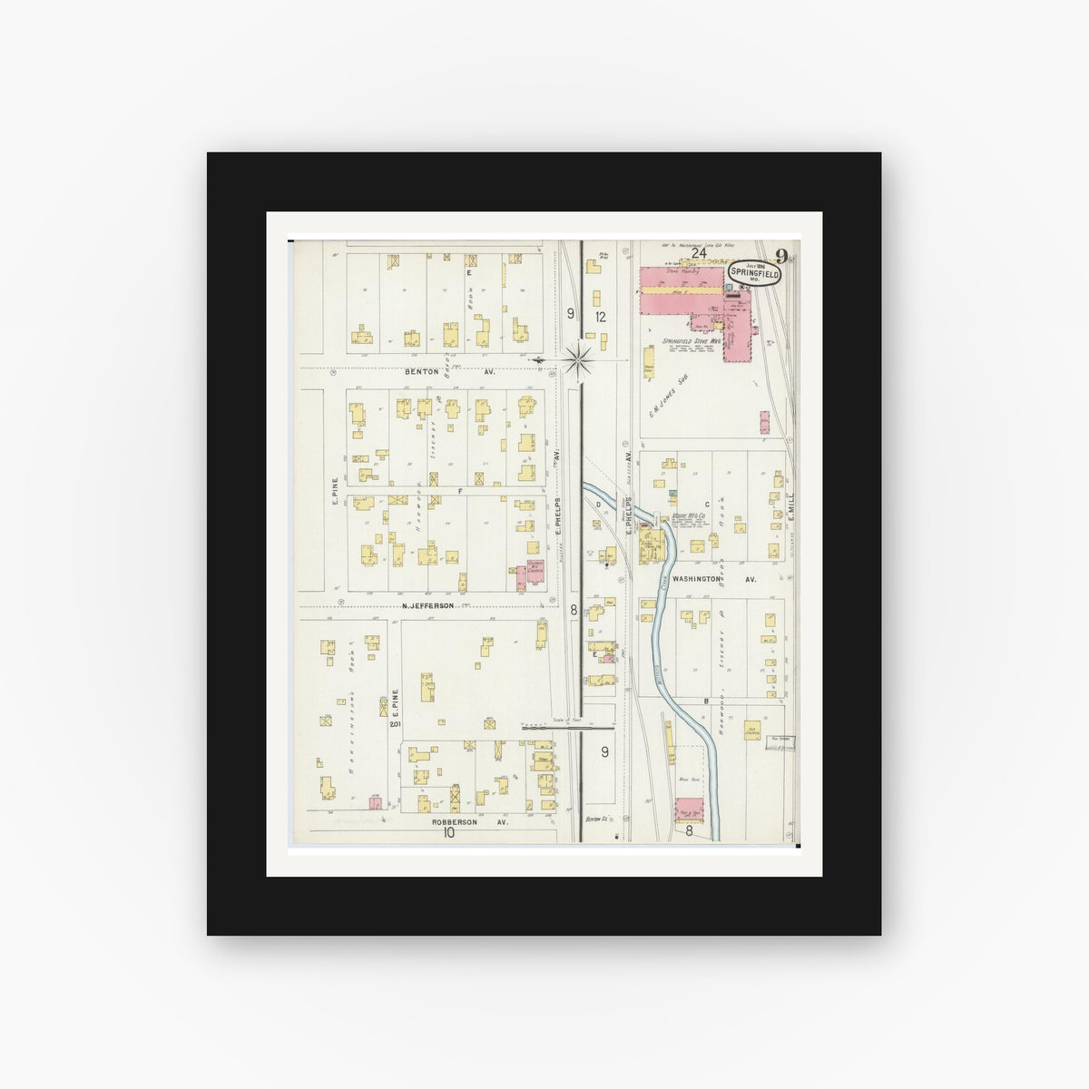 Old map wall art mockup — black gallery frame with white mat — Sanborn Fire Insurance Map from Springfield, Greene County, Missouri (1896), Sheet #0009