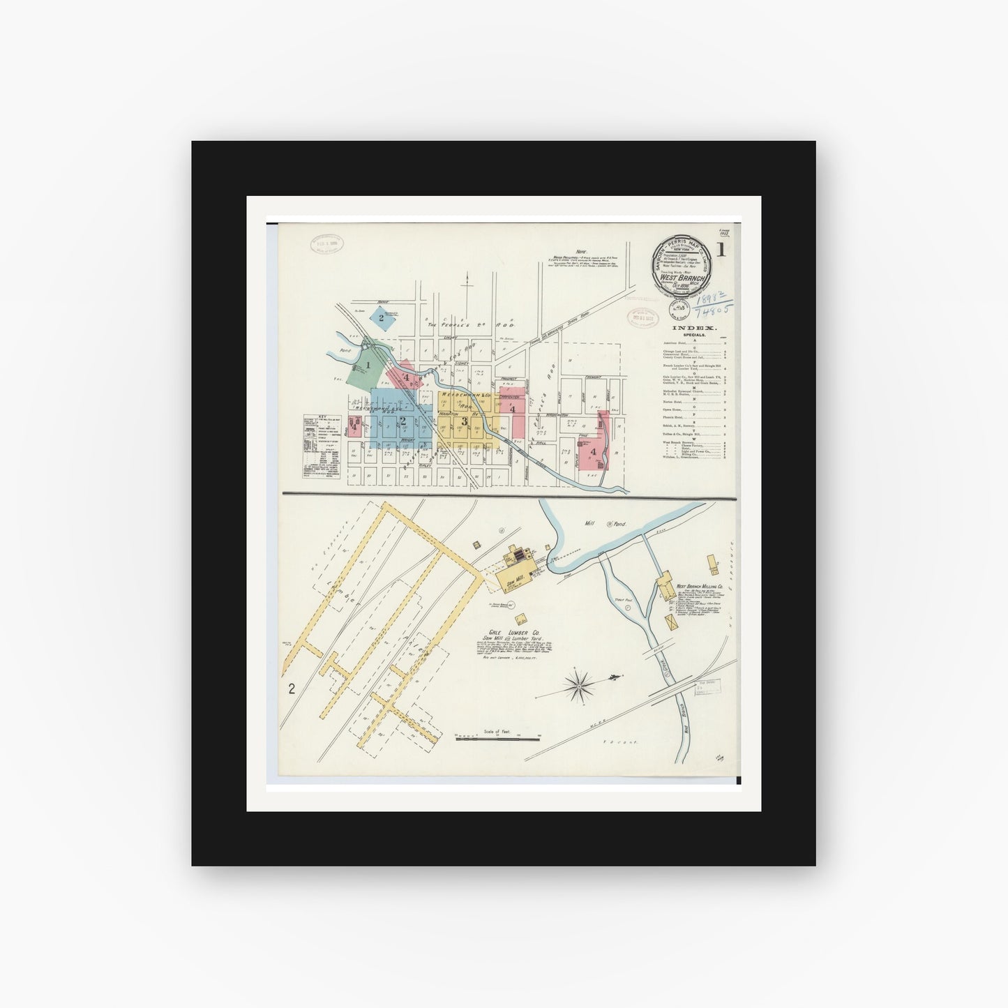 Old map wall art mockup — black gallery frame with white mat — Sanborn Fire Insurance Map from West Branch, Ogemaw County, Michigan (1898), Sheet #0001