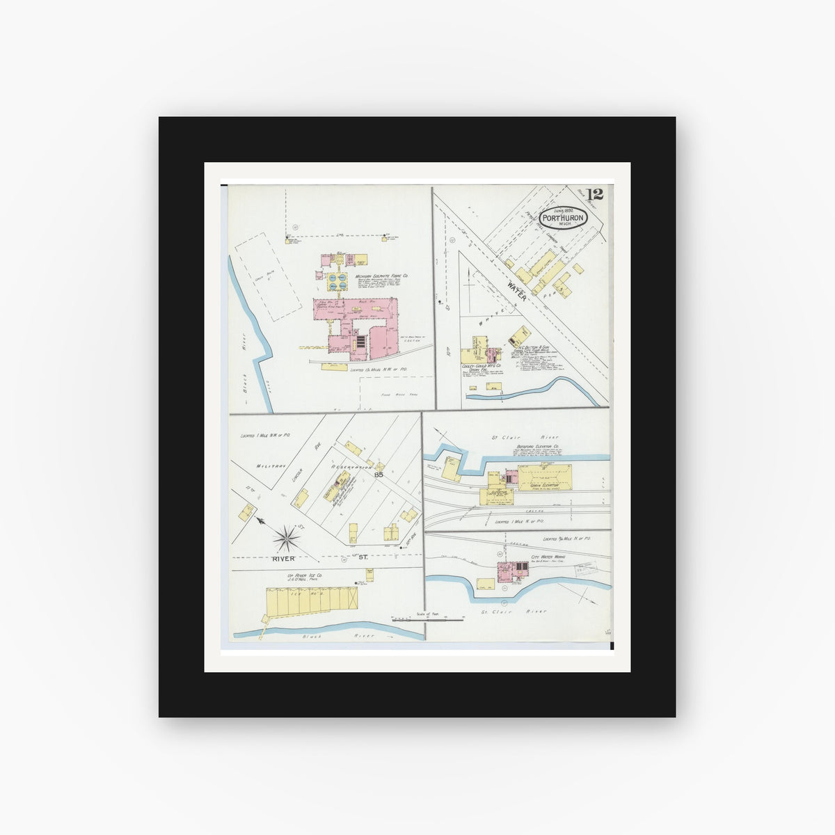 Old map wall art mockup — black gallery frame with white mat — Sanborn Fire Insurance Map from Port Huron, Saint Clair County, Michigan (1892), Sheet #0012