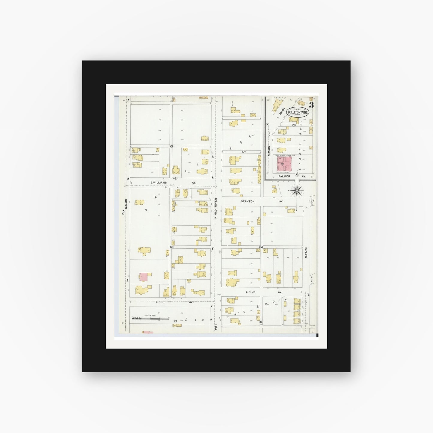 Old map wall art mockup — black gallery frame with white mat — Sanborn Fire Insurance Map from Bellefontaine, Logan County, Ohio (1901), Sheet #0003