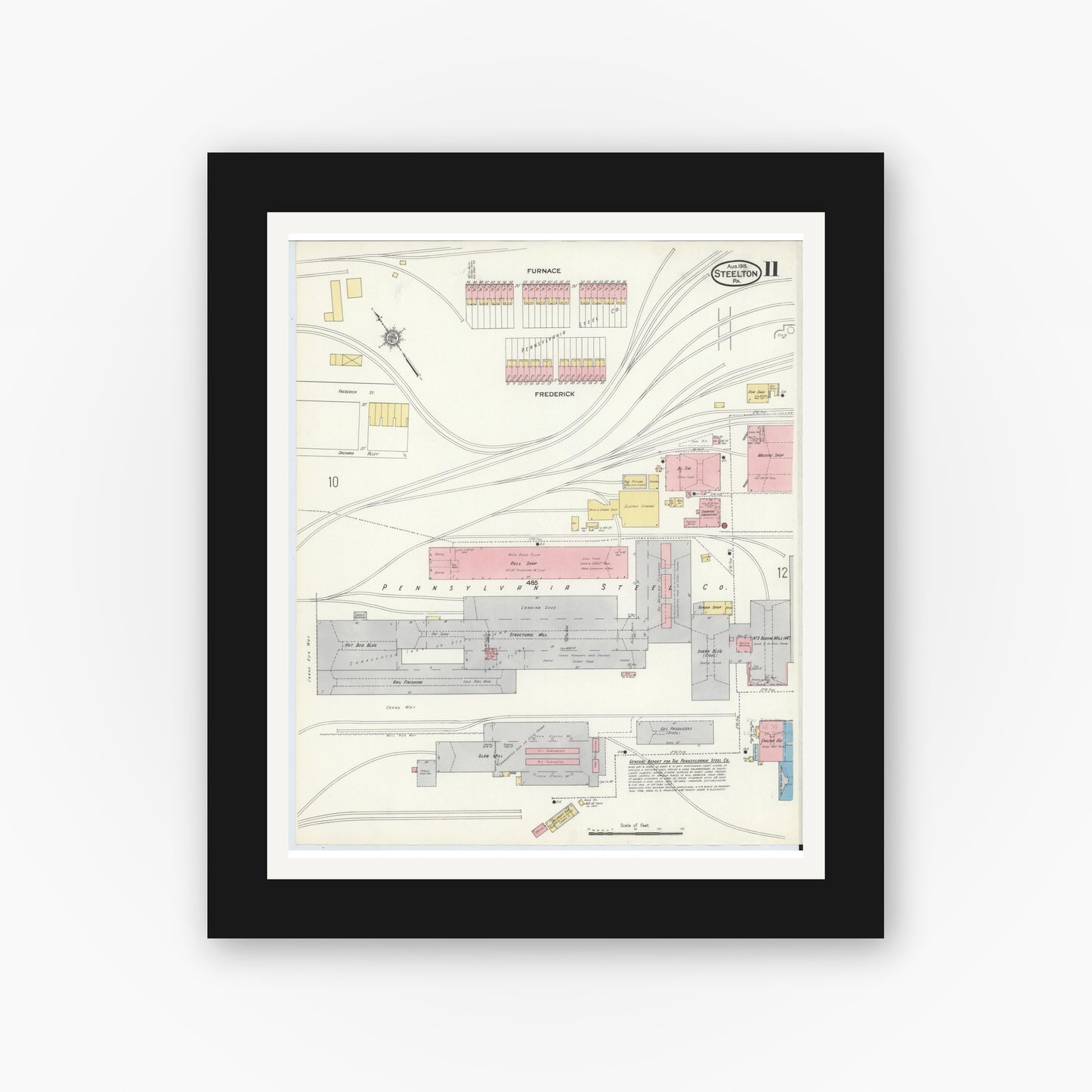 Old map wall art mockup — black gallery frame with white mat — Sanborn Fire Insurance Map from Steelton, Dauphin County, Pennsylvania (1915), Sheet #0011