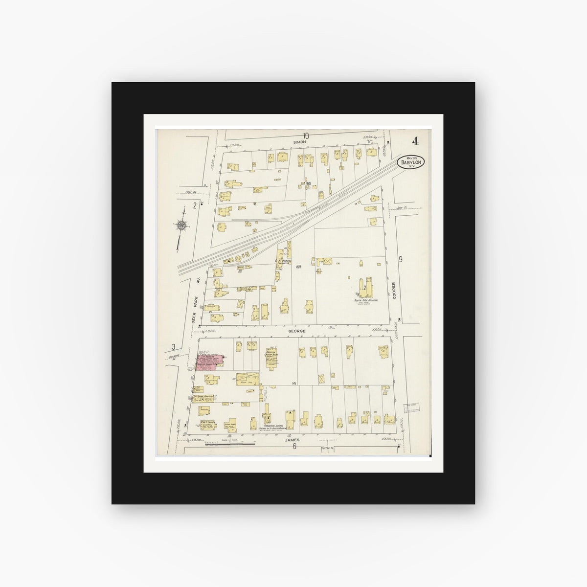 Old map wall art mockup — black gallery frame with white mat — Sanborn Fire Insurance Map from Babylon, Suffolk County, New York (1915), Sheet #0004