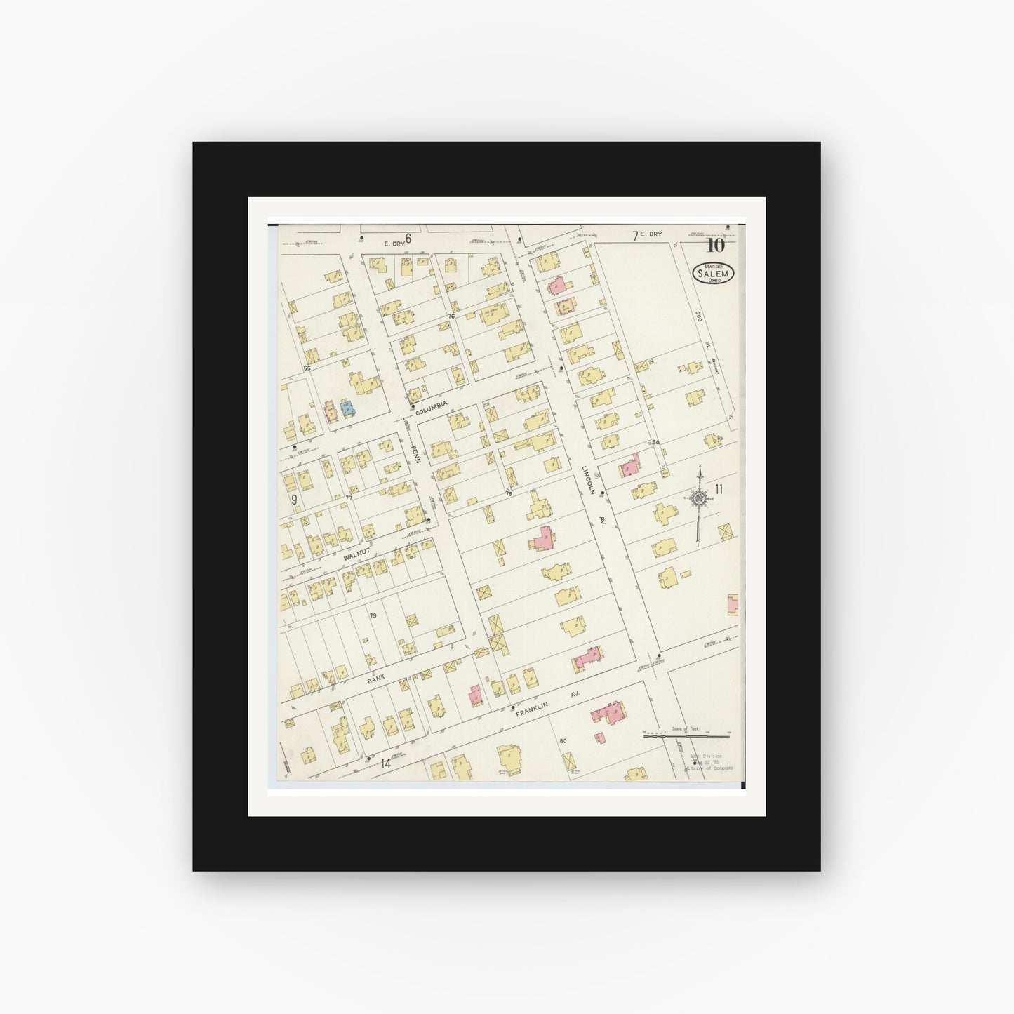 Old map wall art mockup — black gallery frame with white mat — Sanborn Fire Insurance Map from Salem, Columbiana County, Ohio (1915), Sheet #0010