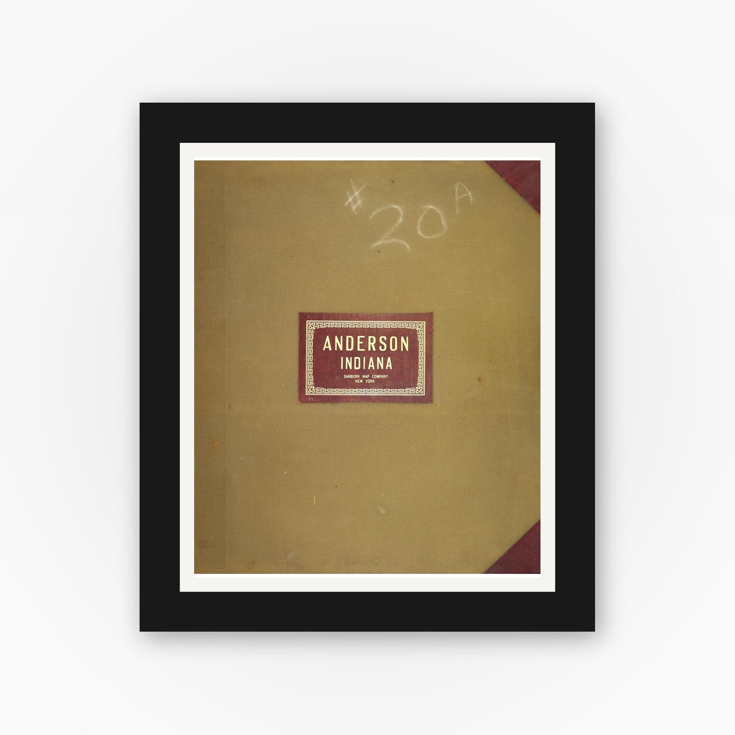 Old map wall art mockup — black gallery frame with white mat — Sanborn Fire Insurance Map from Anderson, Madison County, Indiana (1950), Sheet #0001
