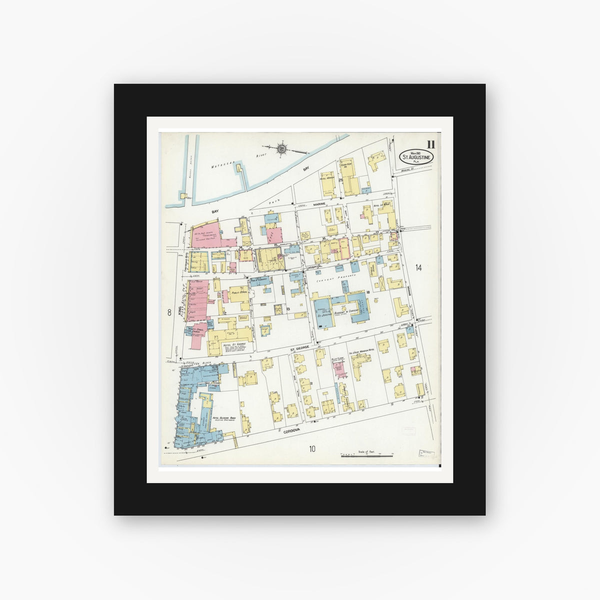 Old map wall art mockup — black gallery frame with white mat — Sanborn Fire Insurance Map from Saint Augustine, Saint John's County, Florida (1910), Sheet #0011