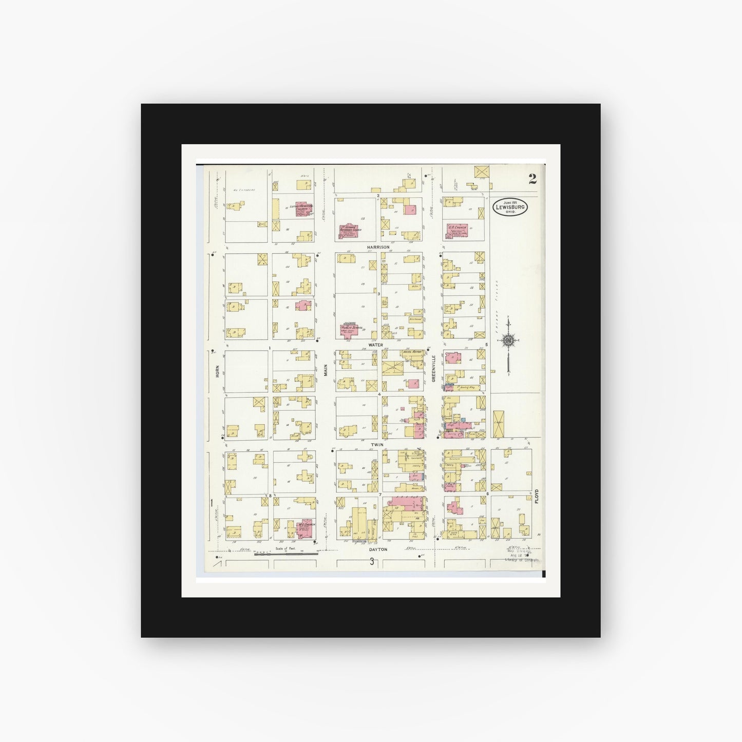 Old map wall art mockup — black gallery frame with white mat — Sanborn Fire Insurance Map from Lewisburg, Preble County, Ohio (1911), Sheet #0002