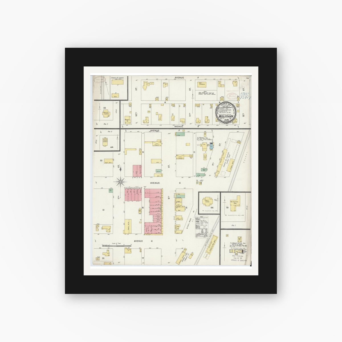 Old map wall art mockup — black gallery frame with white mat — Sanborn Fire Insurance Map from Midlothian, Ellis County, Texas (1898), Sheet #0001