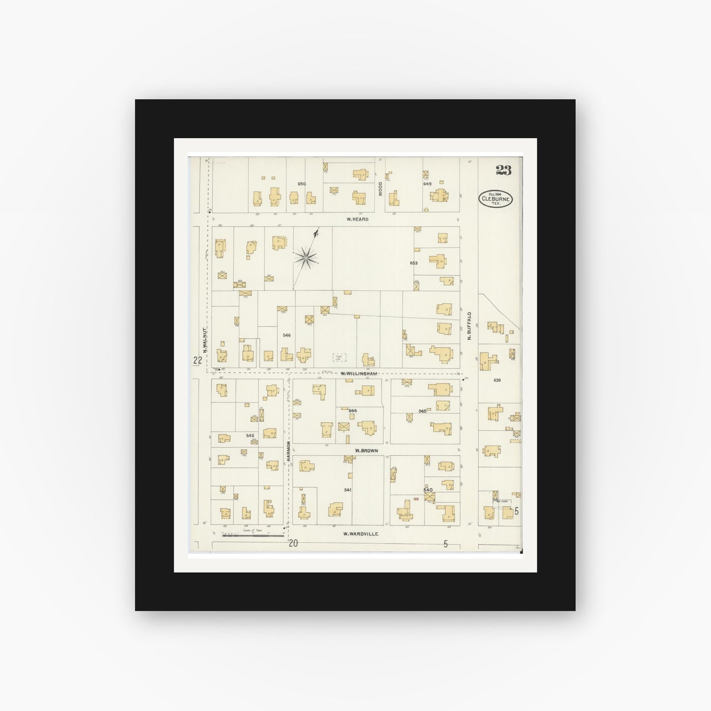 Old map wall art mockup — black gallery frame with white mat — Sanborn Fire Insurance Map from Cleburne, Johnson County, Texas (1904), Sheet #0023