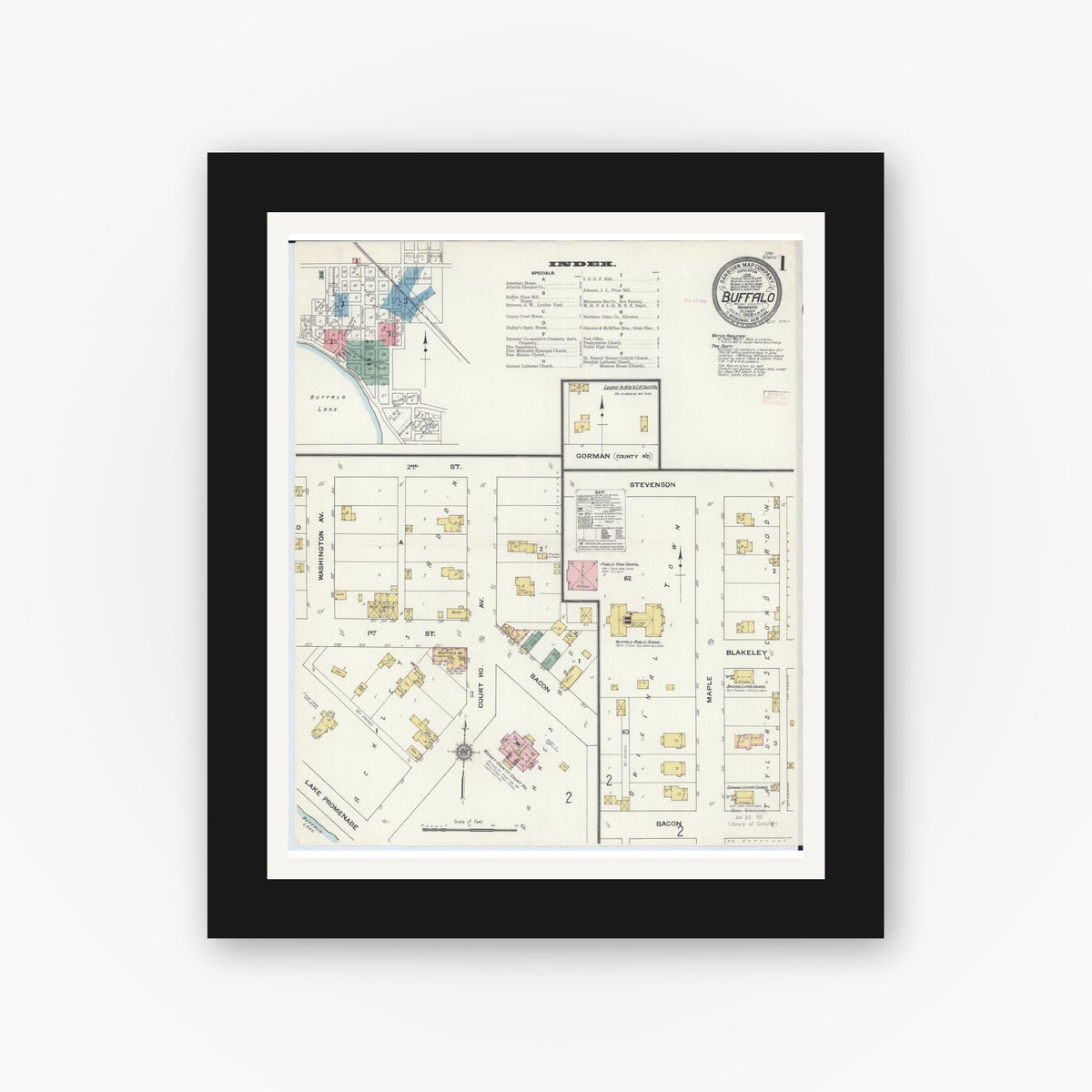 Old map wall art mockup — black gallery frame with white mat — Sanborn Fire Insurance Map from Buffalo, Wright County, Minnesota (1909), Sheet #0001