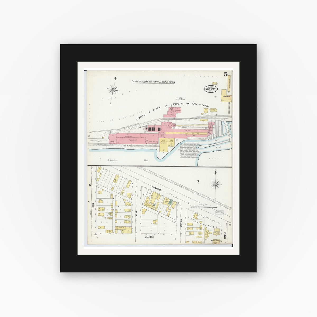 Old map wall art mockup — black gallery frame with white mat — Sanborn Fire Insurance Map from Norway, Dickinson County, Michigan (1900), Sheet #0005
