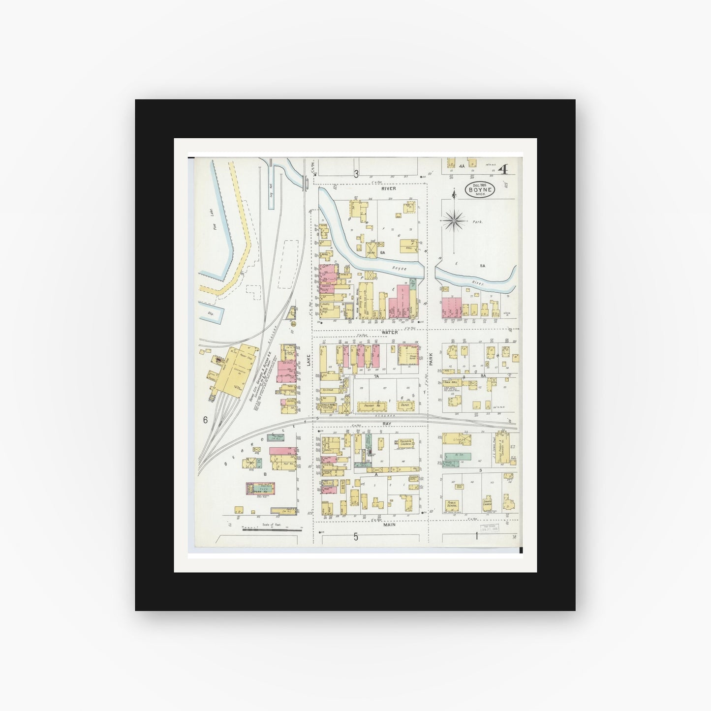 Old map wall art mockup — black gallery frame with white mat — Sanborn Fire Insurance Map from Boyne City, Charlevoix County, Michigan (1905), Sheet #0004