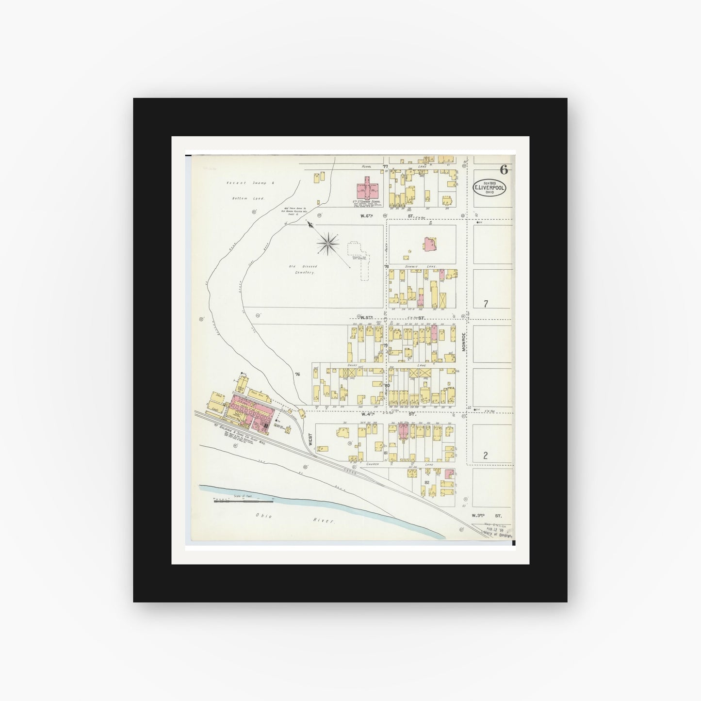 Old map wall art mockup — black gallery frame with white mat — Sanborn Fire Insurance Map from East Liverpool, Columbiana County, Ohio (1903), Sheet #0006
