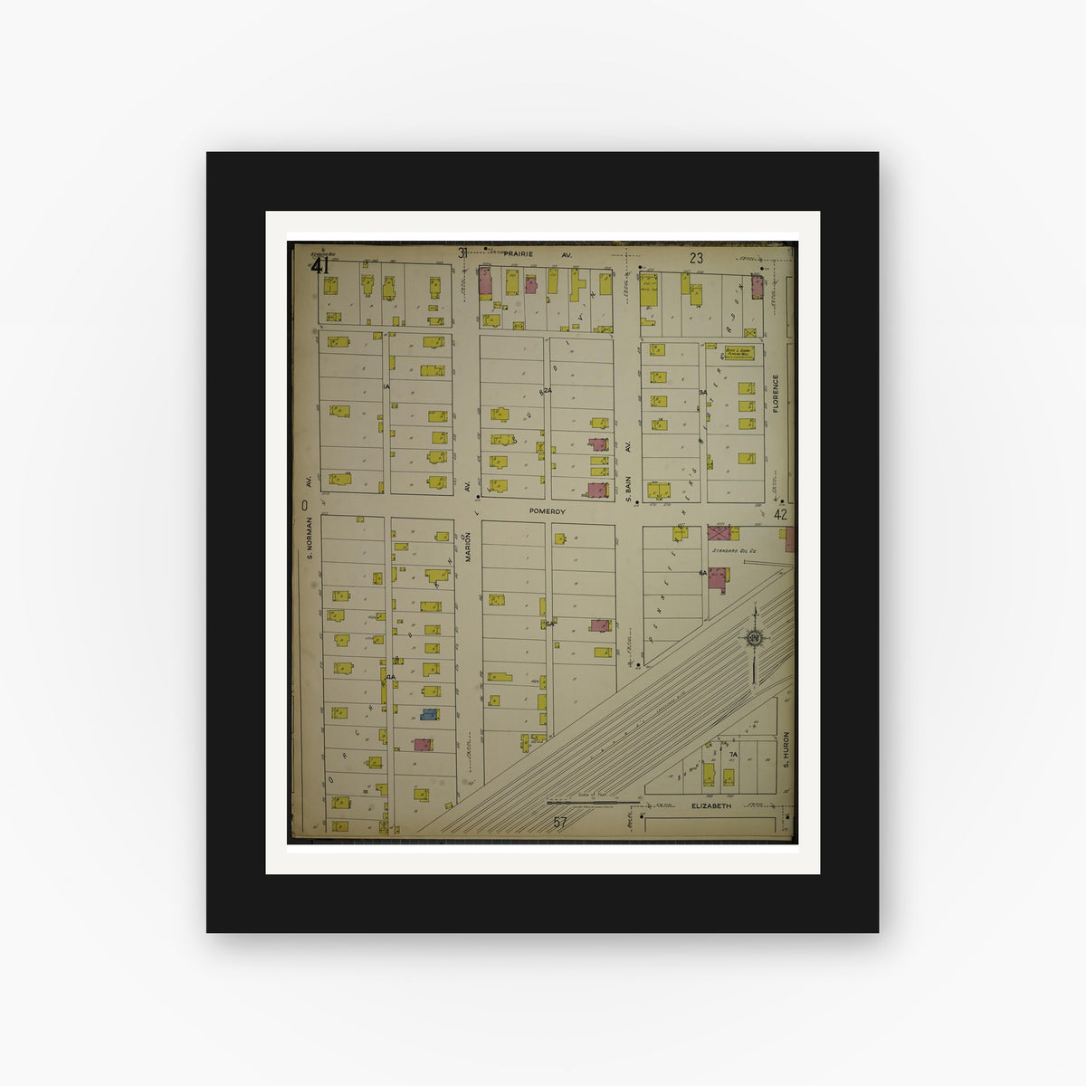 Old map wall art mockup — black gallery frame with white mat — Sanborn Fire Insurance Map from Kenosha, Kenosha County, Wisconsin. (1918), Sheet 45