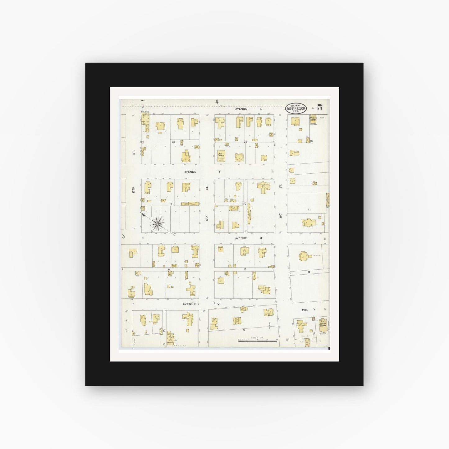 Old map wall art mockup — black gallery frame with white mat — Sanborn Fire Insurance Map from McGregor, McLennan County, Texas (1904), Sheet #0005