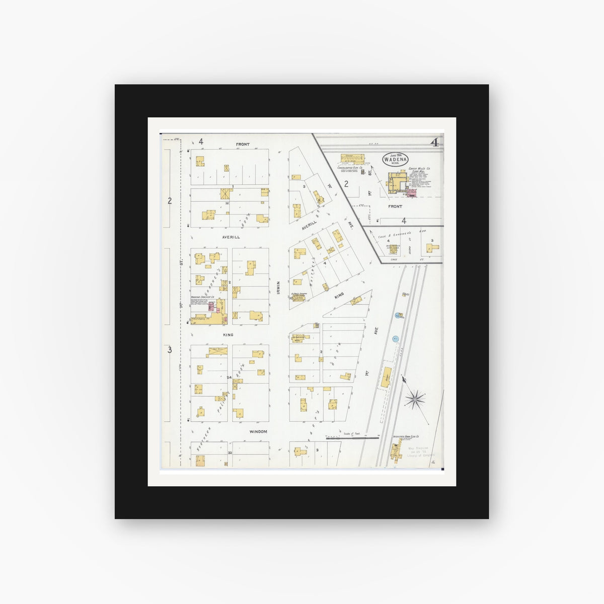 Old map wall art mockup — black gallery frame with white mat — Sanborn Fire Insurance Map from Wadena, Wadena County, Minnesota (1904), Sheet #0004