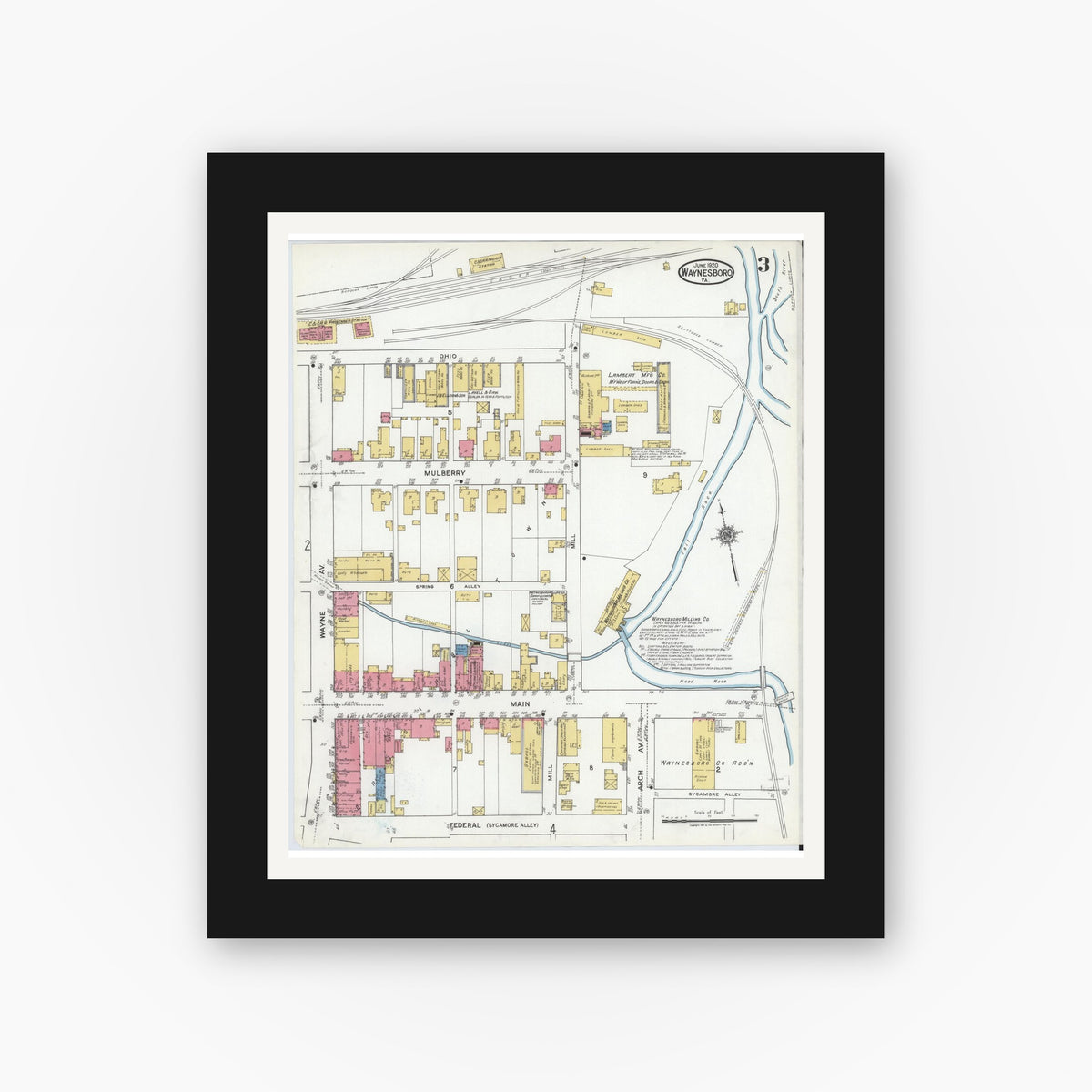 Old map wall art mockup — black gallery frame with white mat — Sanborn Fire Insurance Map from Waynesboro, Independent Cities, Virginia (1920), Sheet #0003