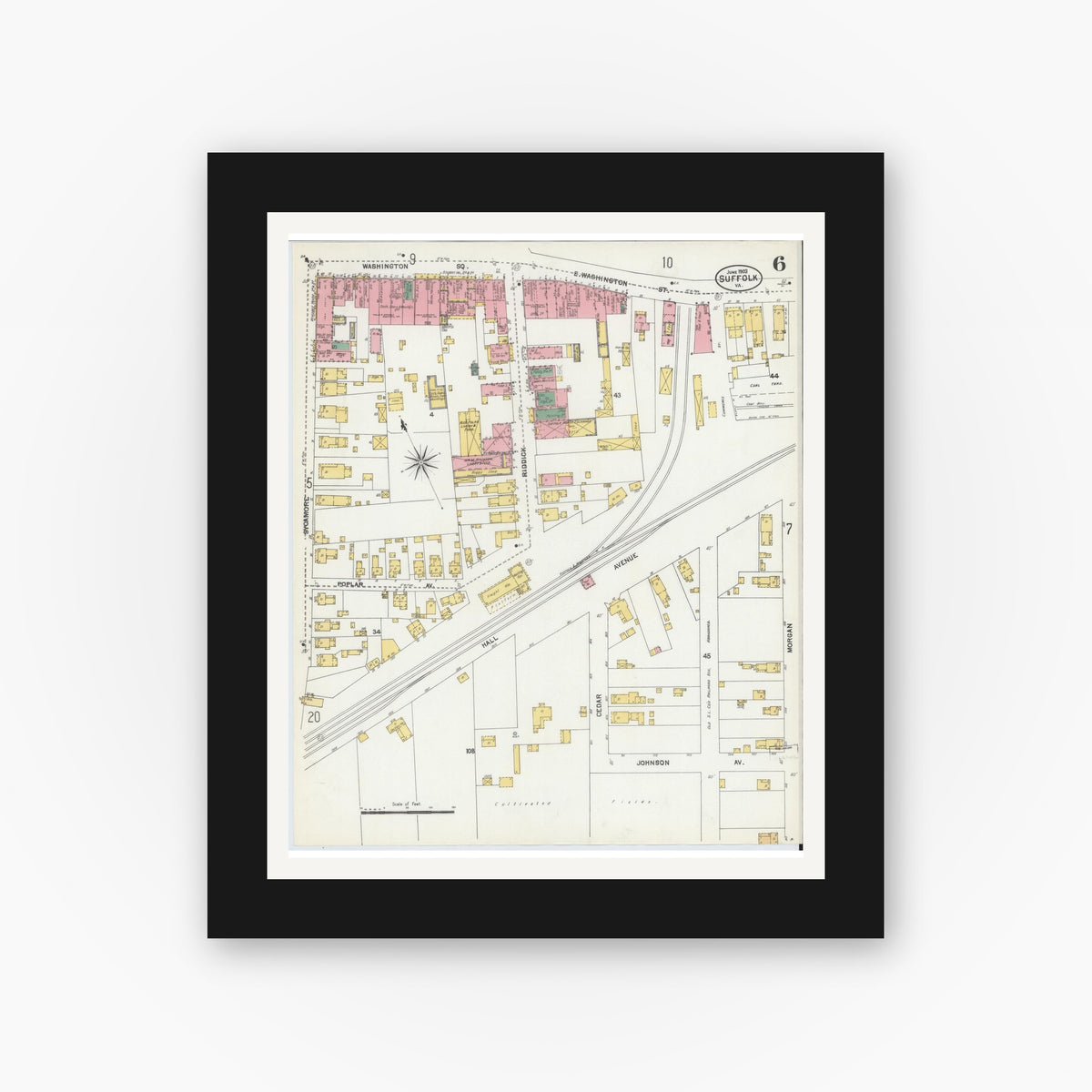 Old map wall art mockup — black gallery frame with white mat — Sanborn Fire Insurance Map from Suffolk, Independent Cities, Virginia (1903), Sheet #0006