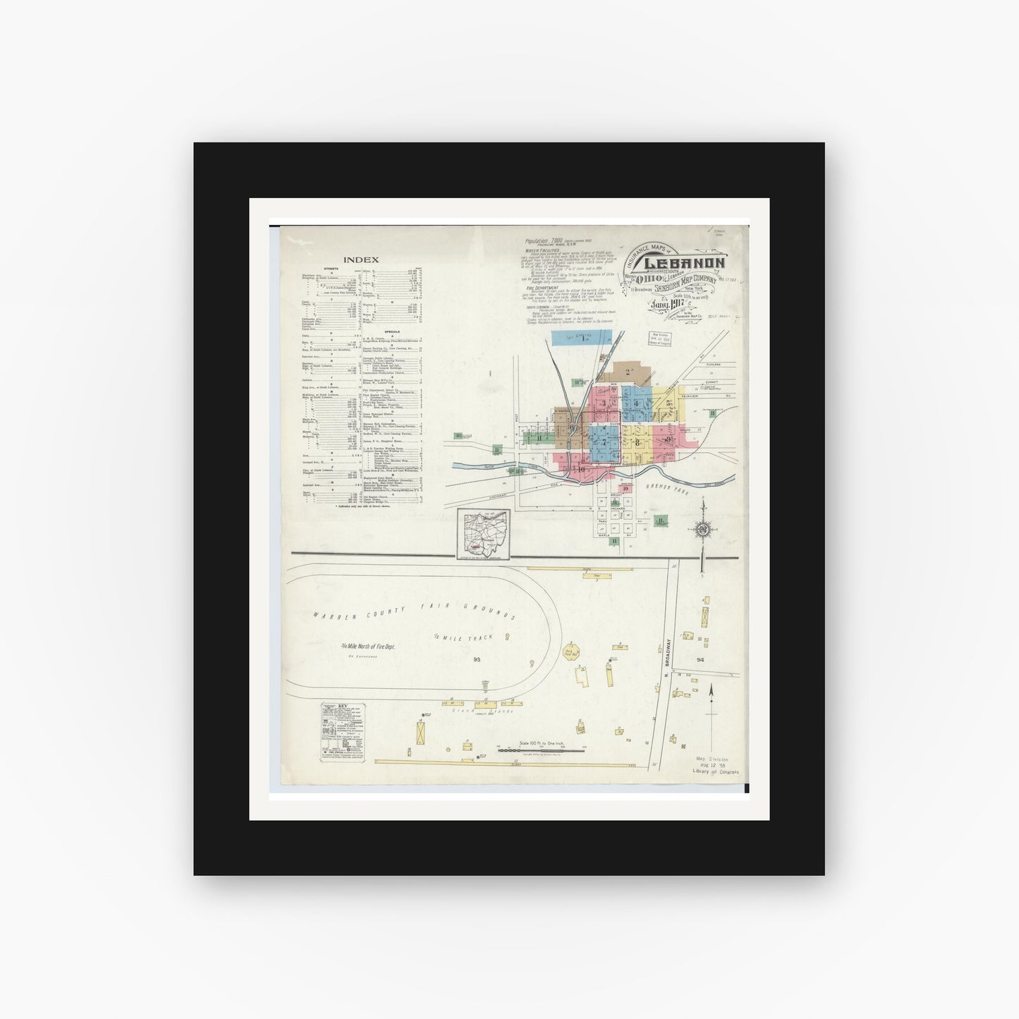 Old map wall art mockup — black gallery frame with white mat — Sanborn Fire Insurance Map from Lebanon, Warren County, Ohio (1917) - Complete Map Set