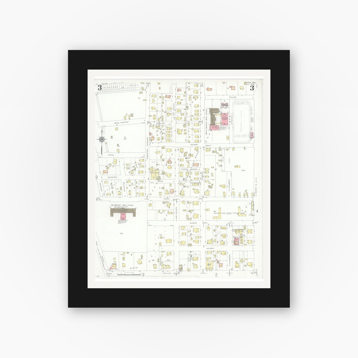Old map wall art mockup — black gallery frame with white mat — Sanborn Fire Insurance Map from Conroe, Montgomery County, Texas (1938), Sheet #0003