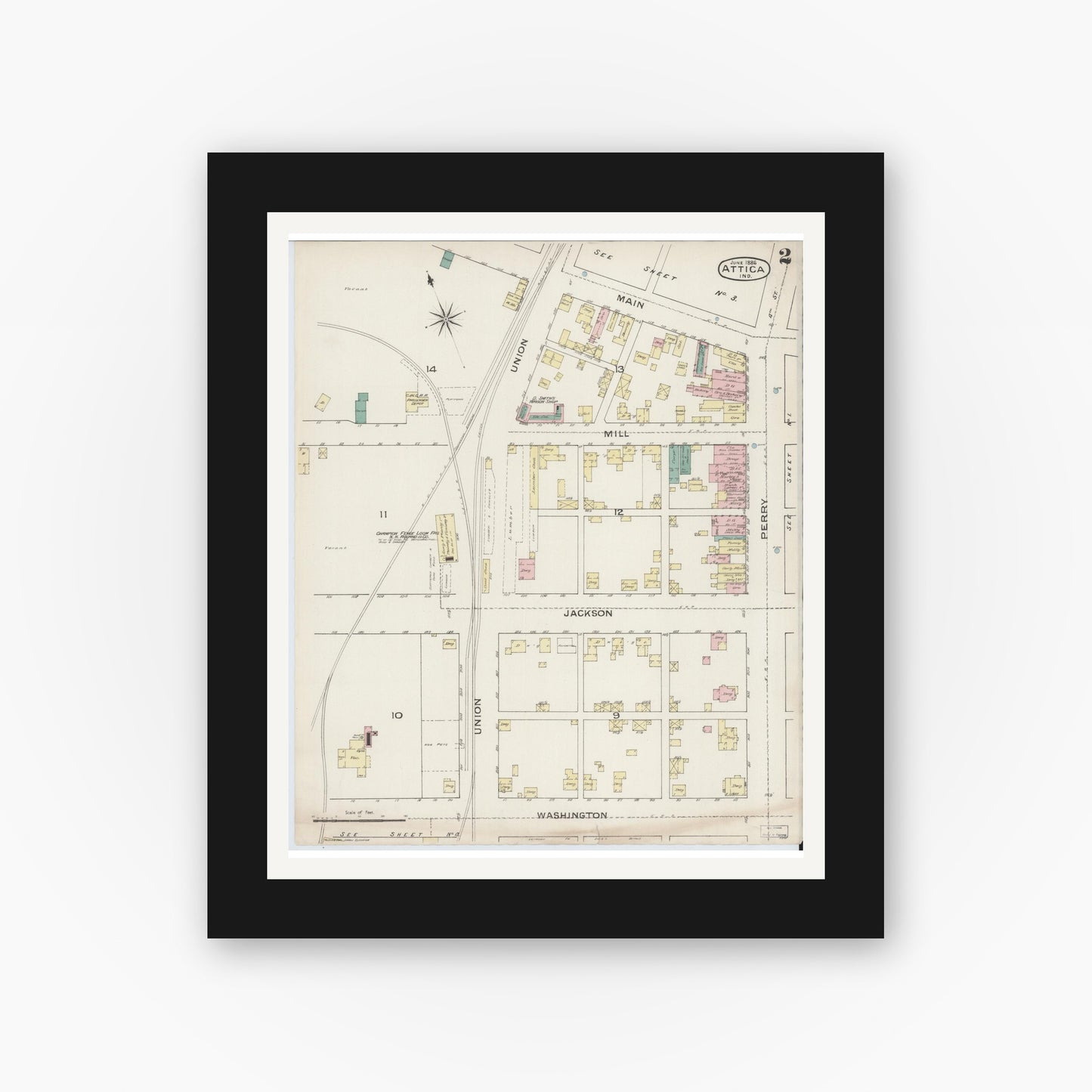 Old map wall art mockup — black gallery frame with white mat — Sanborn Fire Insurance Map from Attica, Fountain County, Indiana (1886), Sheet #0002