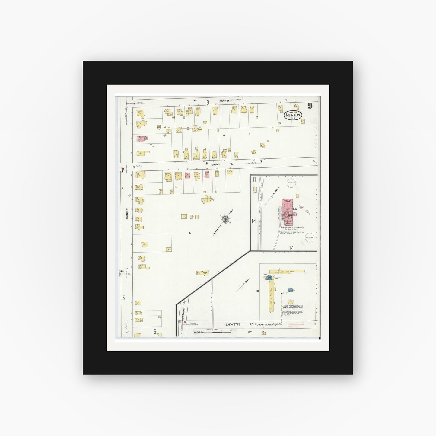 Old map wall art mockup — black gallery frame with white mat — Sanborn Fire Insurance Map from Newton, Sussex County, New Jersey (1916), Sheet #0009