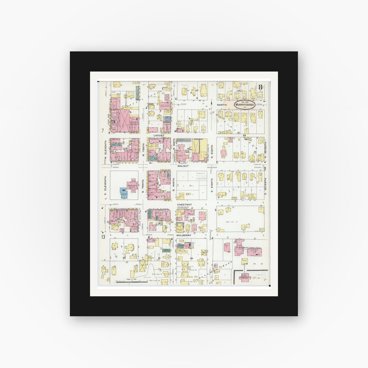 Old map wall art mockup — black gallery frame with white mat — Sanborn Fire Insurance Map from Murphysboro, Jackson County, Illinois (1909), Sheet #0008