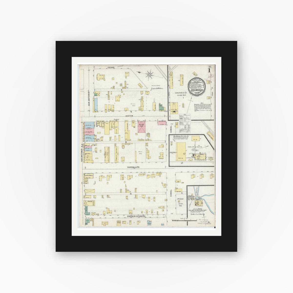 Old map wall art mockup — black gallery frame with white mat — Sanborn Fire Insurance Map from San Marcos, Hays County, Texas (1896) - Complete Map Set