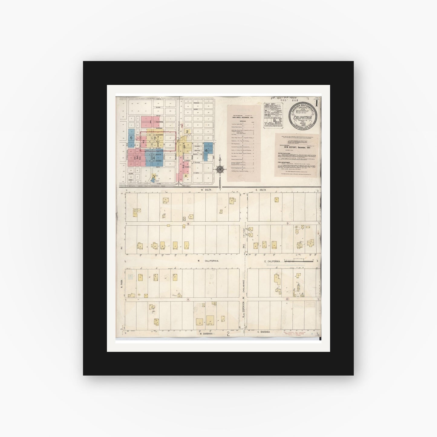 Old map wall art mockup — black gallery frame with white mat — Sanborn Fire Insurance Map from Calipatria, Imperial County, California (1941) - Complete Map Set