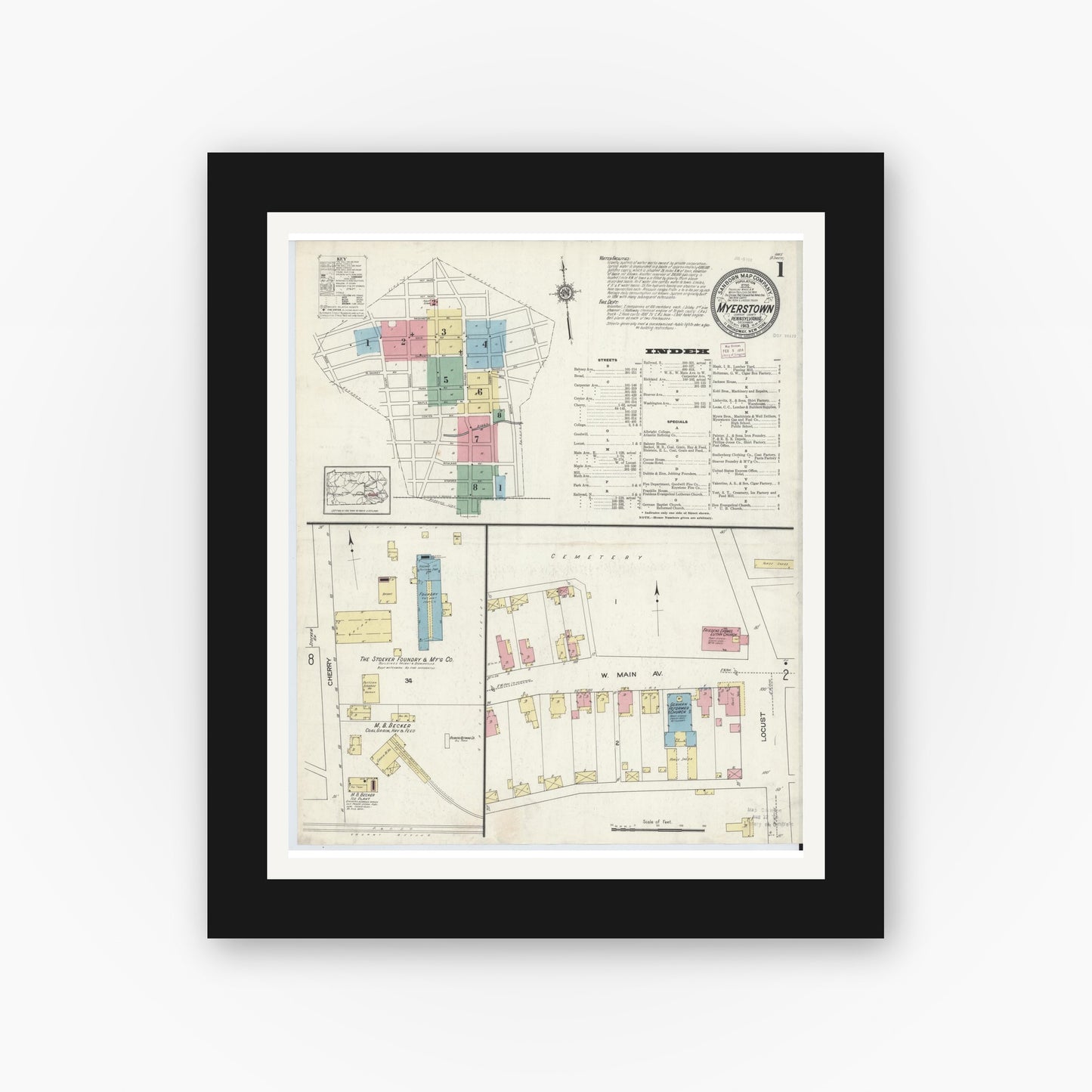 Old map wall art mockup — black gallery frame with white mat — Sanborn Fire Insurance Map from Myerstown, Lebanon County, Pennsylvania (1913), Sheet #0001