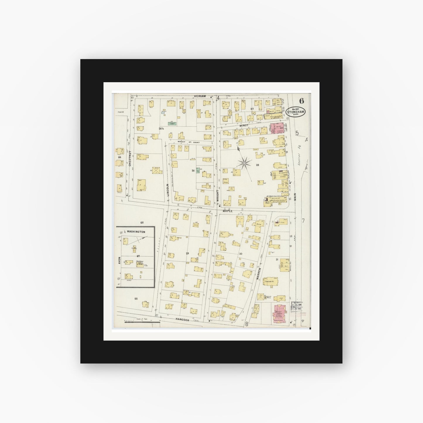 Old map wall art mockup — black gallery frame with white mat — Sanborn Fire Insurance Map from Stoneham, Middlesex County, Massachusetts (1897), Sheet #0006