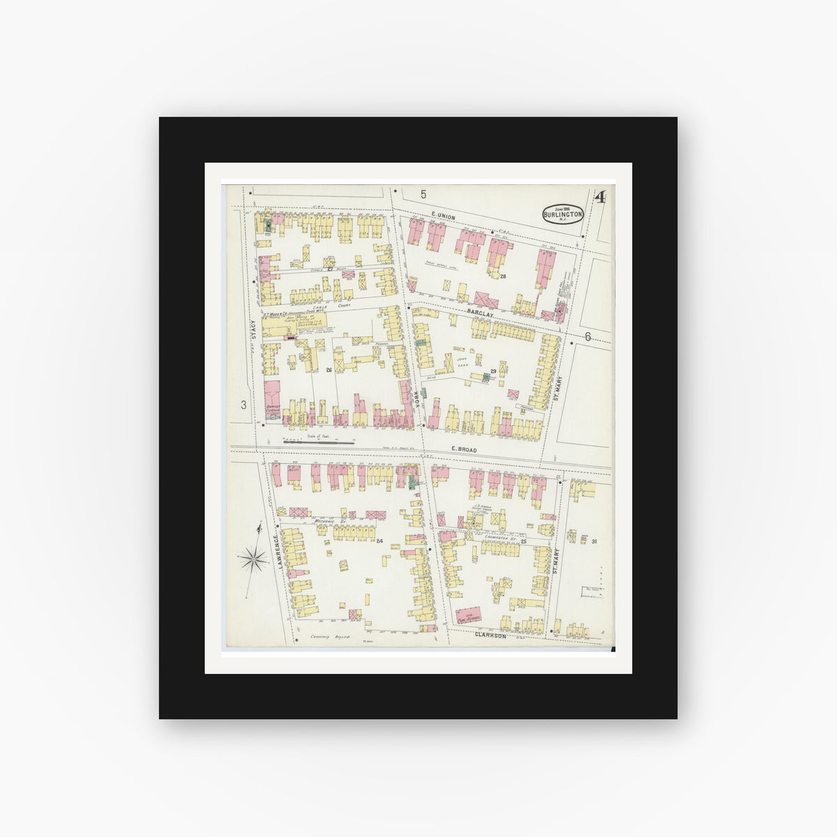 Old map wall art mockup — black gallery frame with white mat — Sanborn Fire Insurance Map from Burlington, Burlington County, New Jersey (1896), Sheet #0004