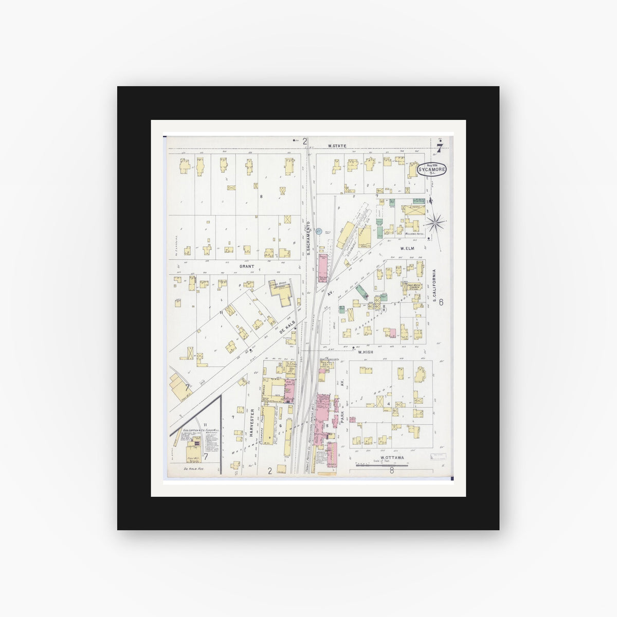 Old map wall art mockup — black gallery frame with white mat — Sanborn Fire Insurance Map from Sycamore, De Kalb County, Illinois (1896), Sheet #0007