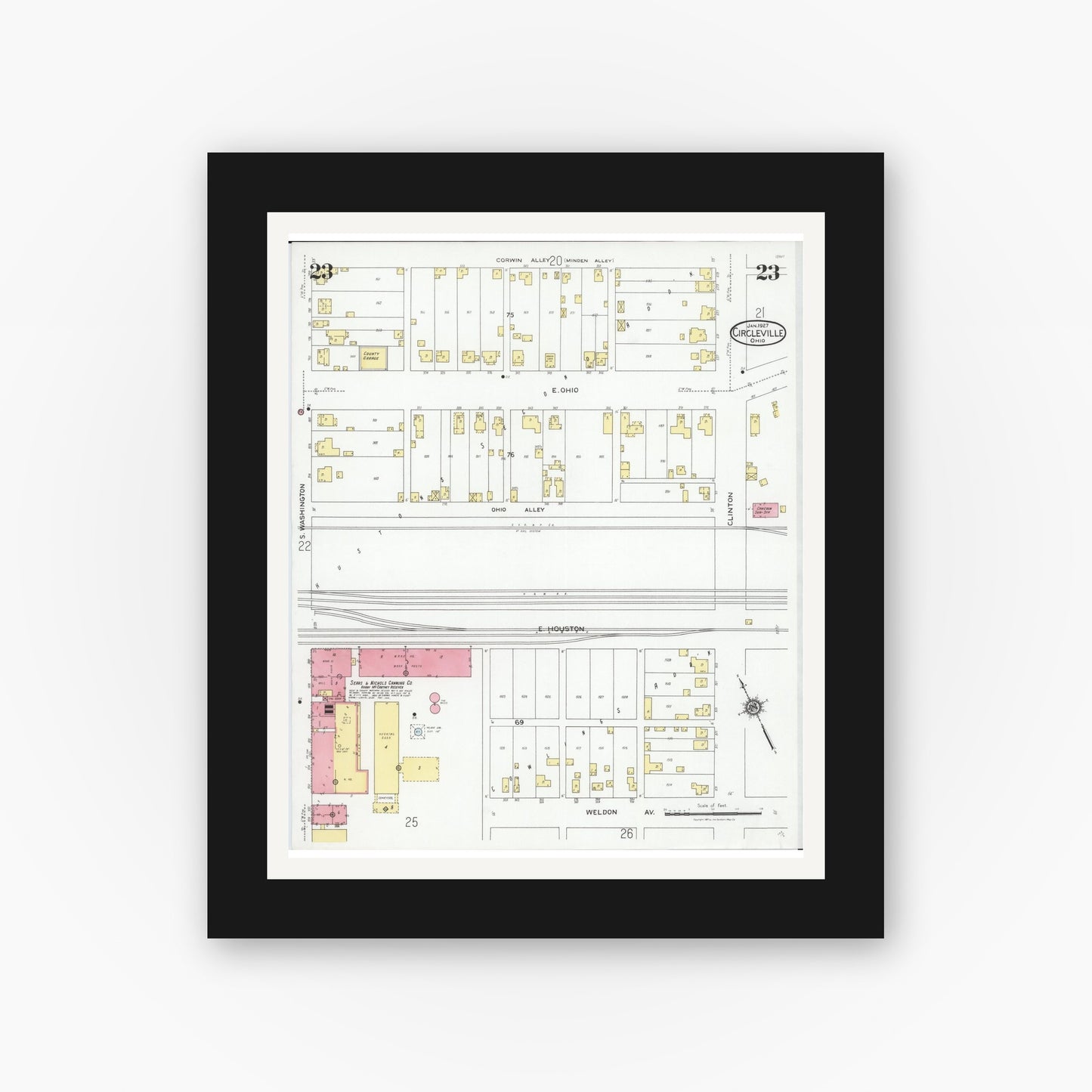 Old map wall art mockup — black gallery frame with white mat — Sanborn Fire Insurance Map from Circleville, Pickaway County, Ohio (1927), Sheet #0023