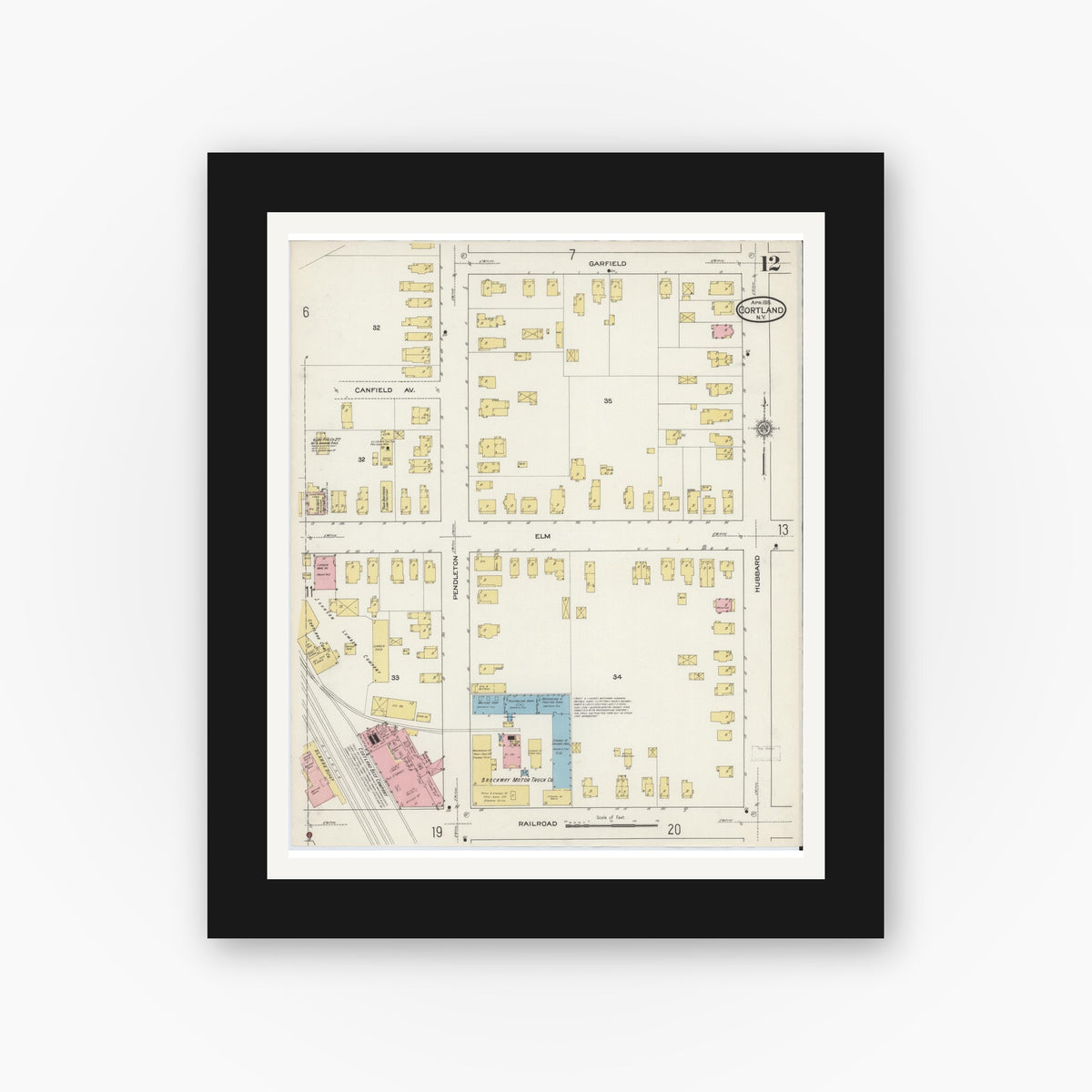 Old map wall art mockup — black gallery frame with white mat — Sanborn Fire Insurance Map from Cortland, Cortland County, New York (1915), Sheet #0012