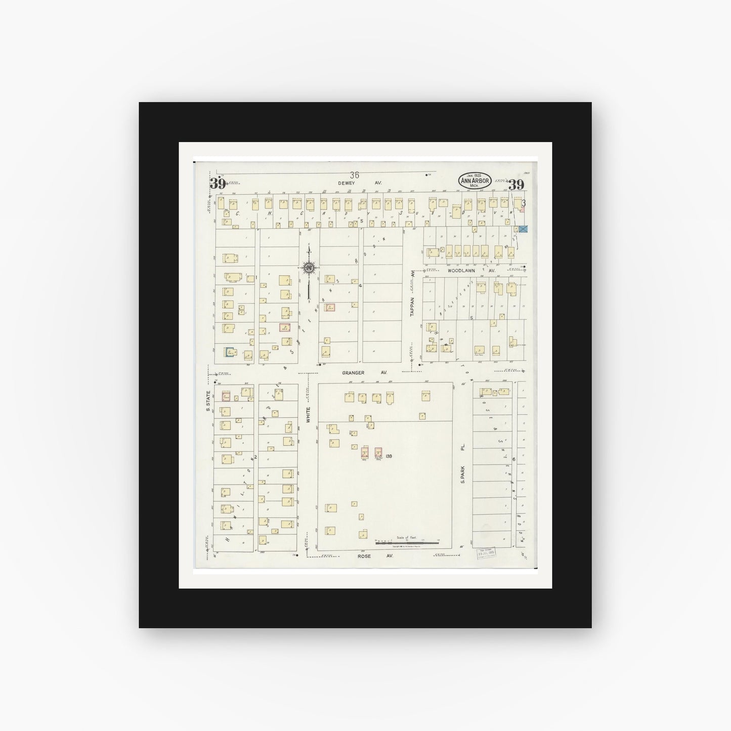 Old map wall art mockup — black gallery frame with white mat — Sanborn Fire Insurance Map from Ann Arbor, Washtenaw County, Michigan (1925), Sheet #0039