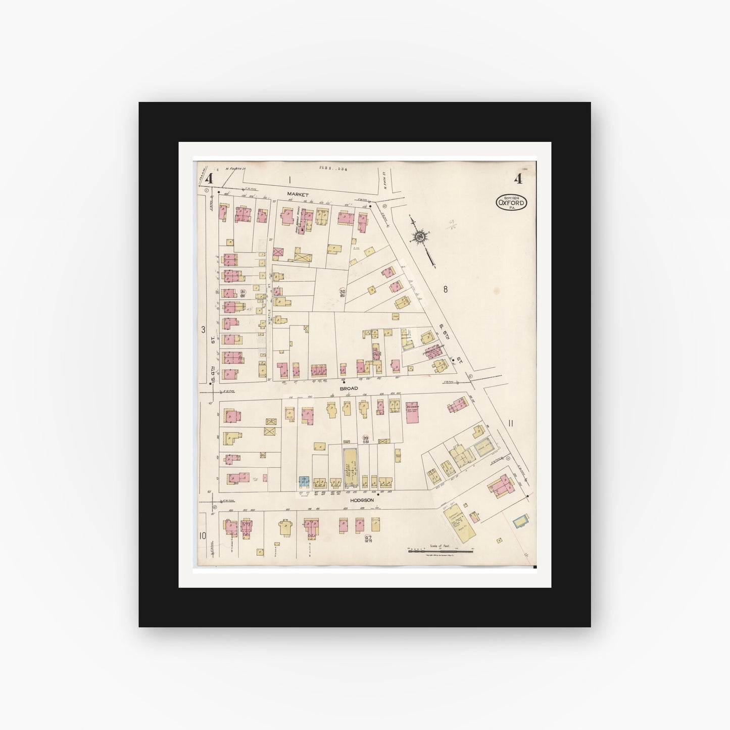 Old map wall art mockup — black gallery frame with white mat — Sanborn Fire Insurance Map from Oxford, Chester County, Pennsylvania (1940), Sheet #0004