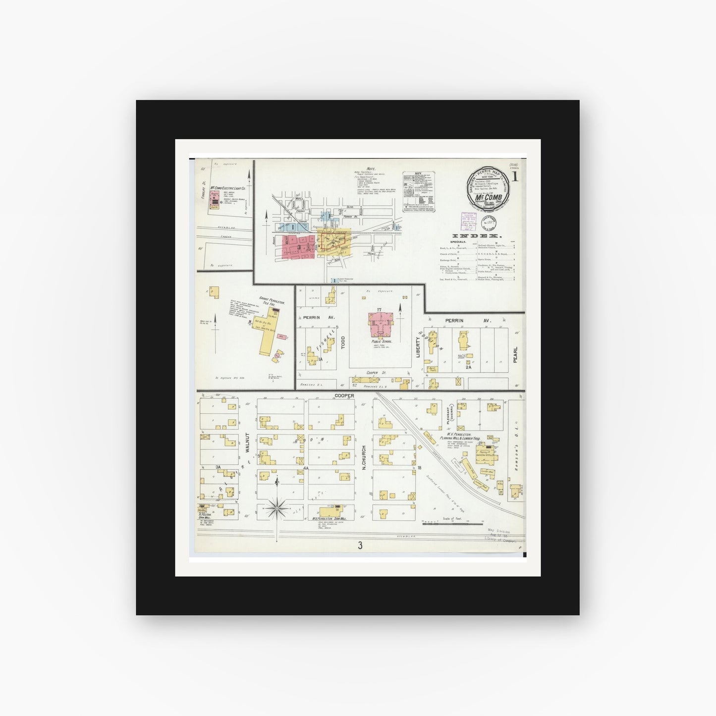 Old map wall art mockup — black gallery frame with white mat — Sanborn Fire Insurance Map from McComb, Hancock County, Ohio (1901), Sheet #0001