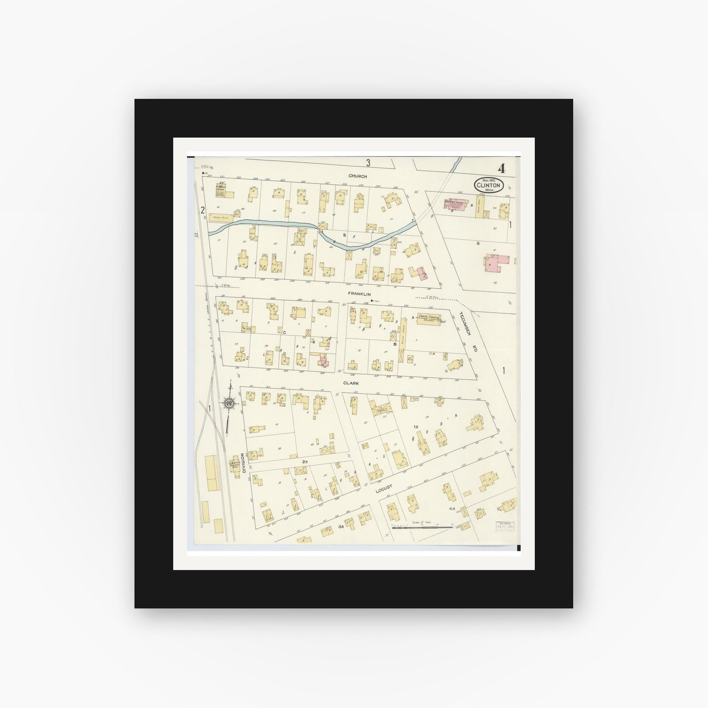 Old map wall art mockup — black gallery frame with white mat — Sanborn Fire Insurance Map from Clinton, Lenawee County, Michigan (1912), Sheet #0004