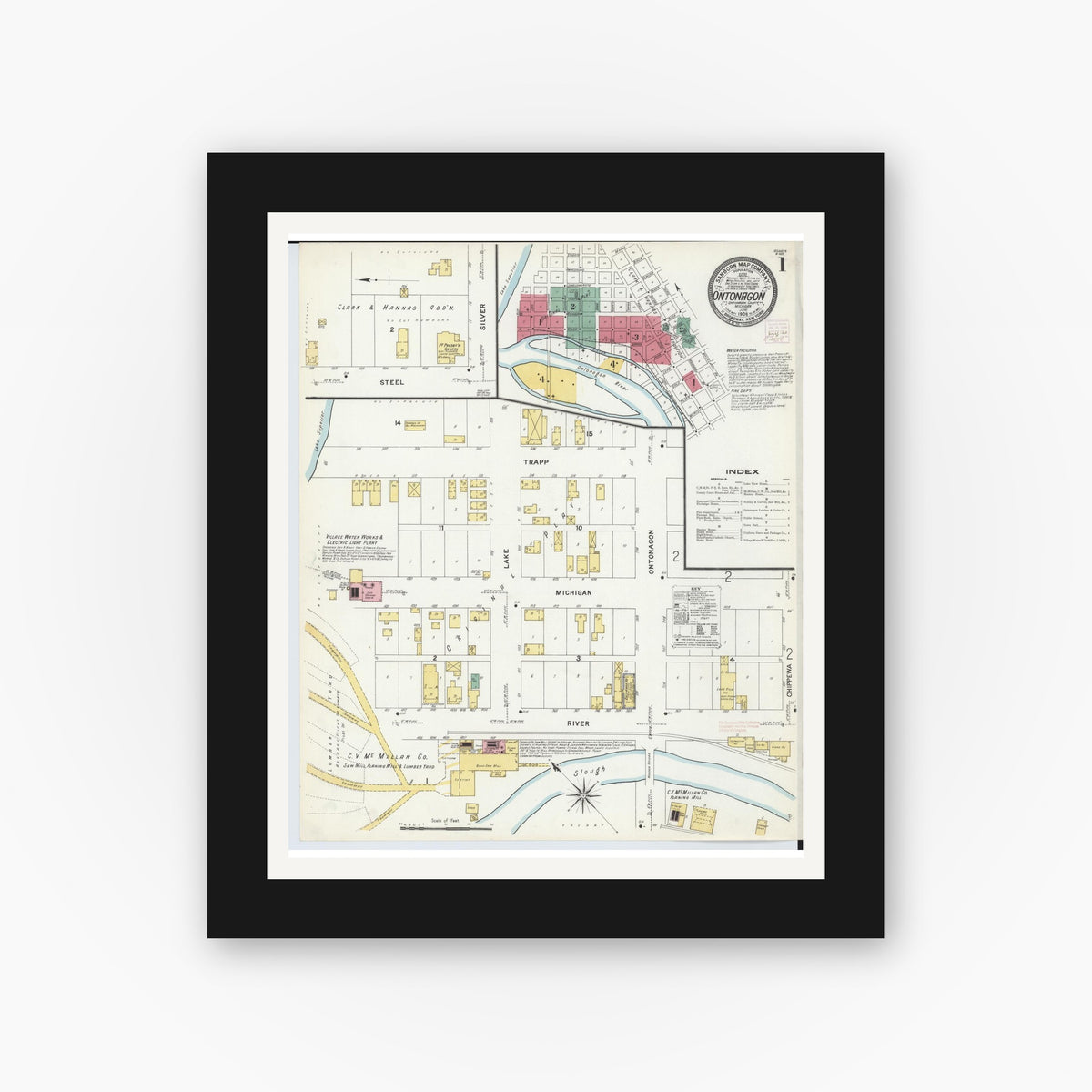 Old map wall art mockup — black gallery frame with white mat — Sanborn Fire Insurance Map from Ontonagon, Ontonagon County, Michigan (1908), Sheet #0001