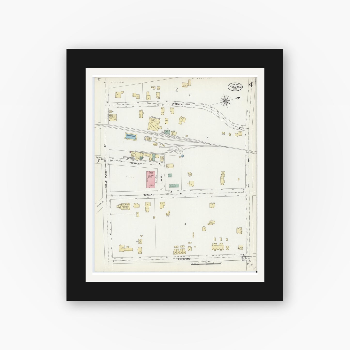 Old map wall art mockup — black gallery frame with white mat — Sanborn Fire Insurance Map from Needham, Norfolk County, Massachusetts (1906), Sheet #0004