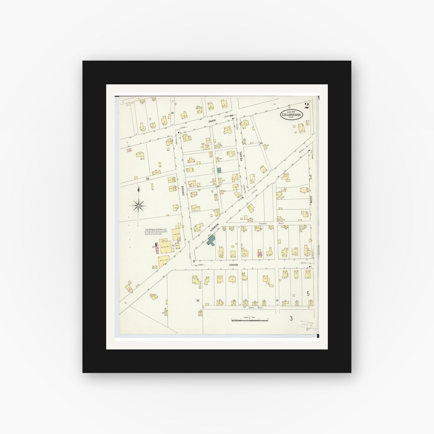 Old map wall art mockup — black gallery frame with white mat — Sanborn Fire Insurance Map from Columbiana, Columbiana County, Ohio (1909), Sheet #0002
