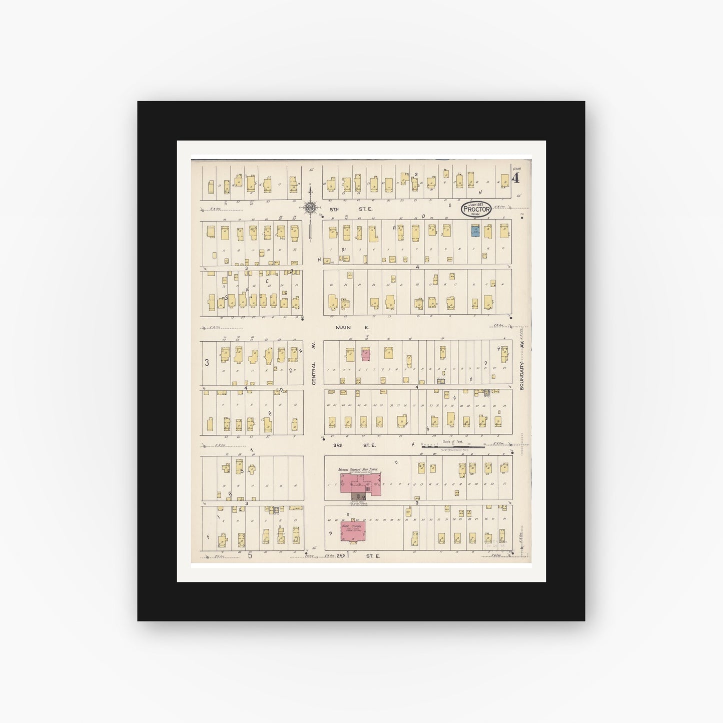 Old map wall art mockup — black gallery frame with white mat — Sanborn Fire Insurance Map from Proctor, Saint Louis County, Minnesota (1922), Sheet #0004