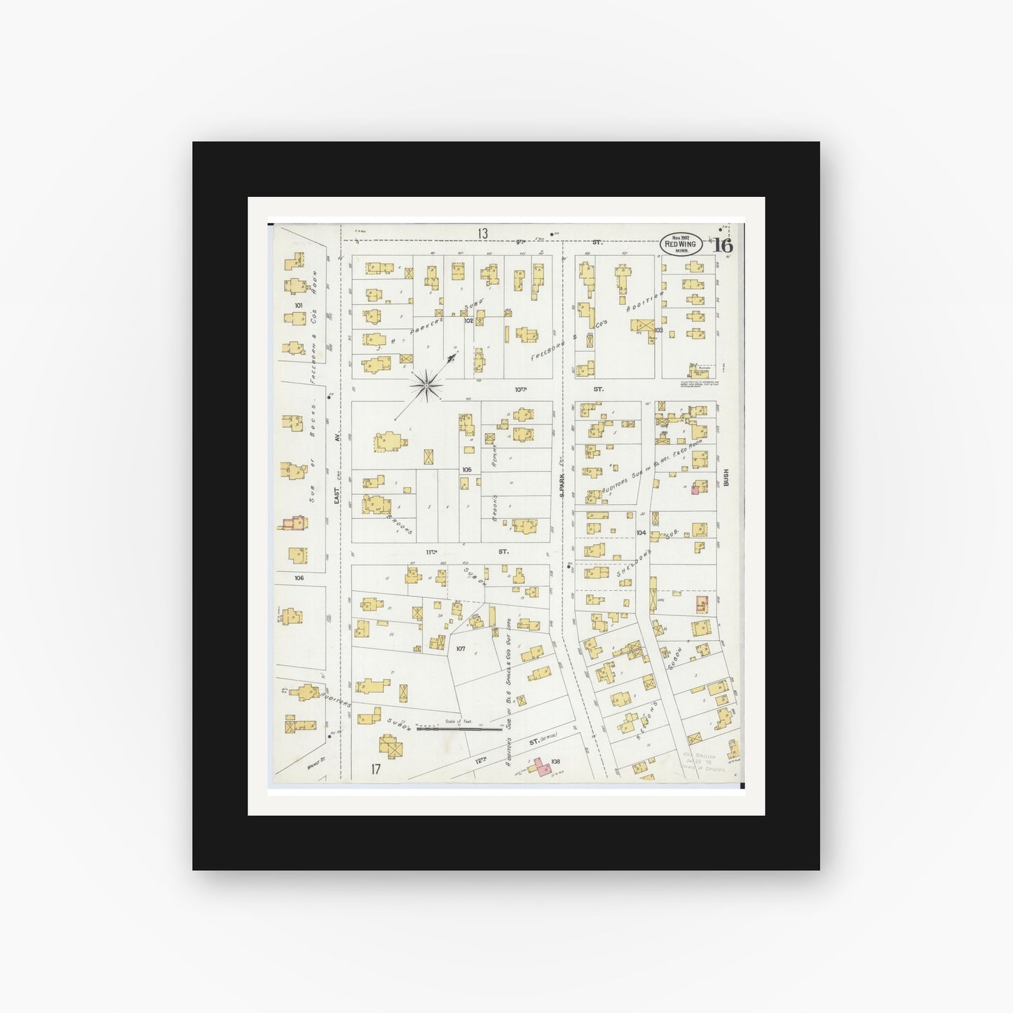 Old map wall art mockup — black gallery frame with white mat — Sanborn Fire Insurance Map from Red Wing, Goodhue County, Minnesota (1902), Sheet #0016