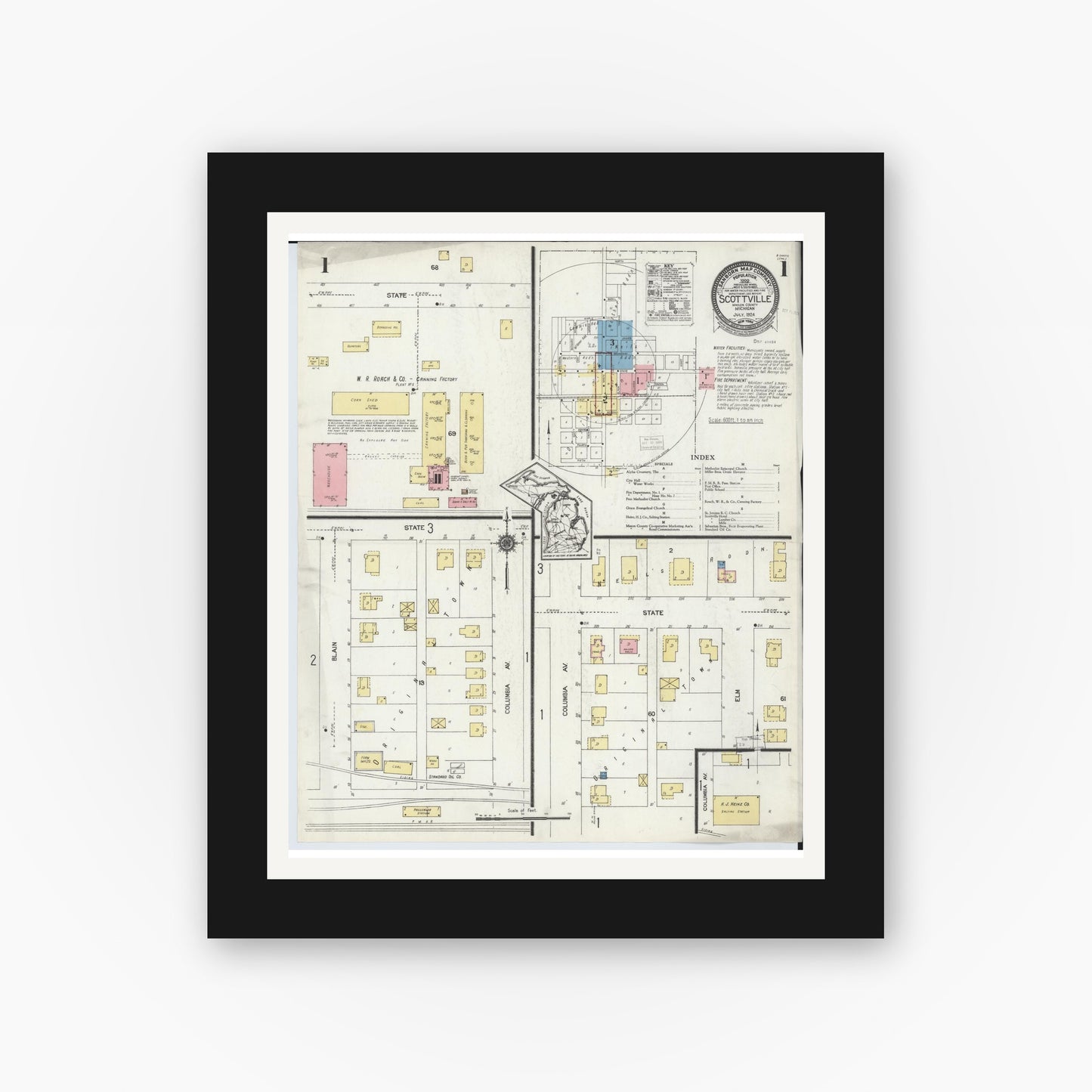 Old map wall art mockup β black gallery frame with white mat β Sanborn Fire Insurance Map from Scottville, Mason County, Michigan (1924) - Complete Map Set