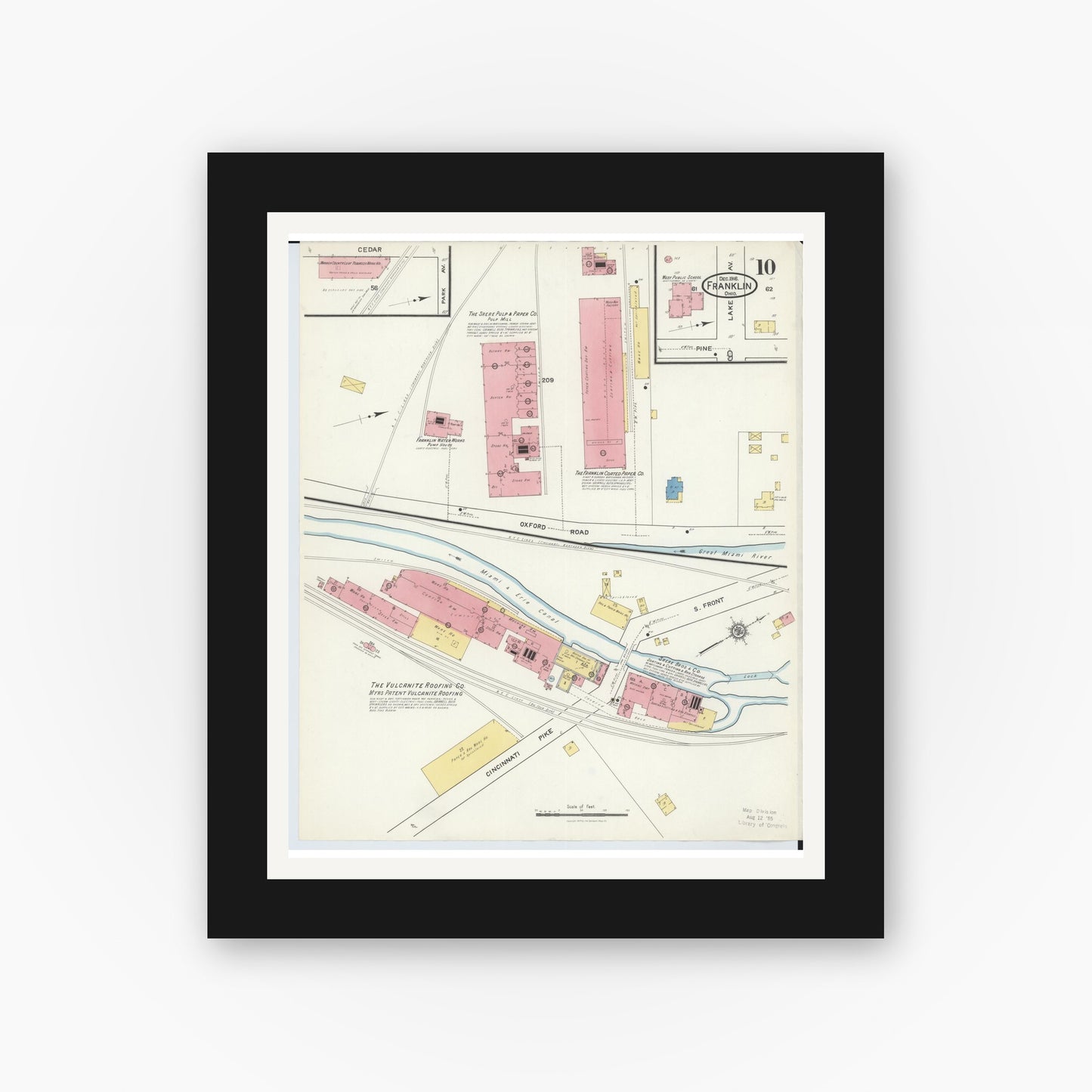 Old map wall art mockup — black gallery frame with white mat — Sanborn Fire Insurance Map from Franklin, Warren County, Ohio (1916), Sheet #0010