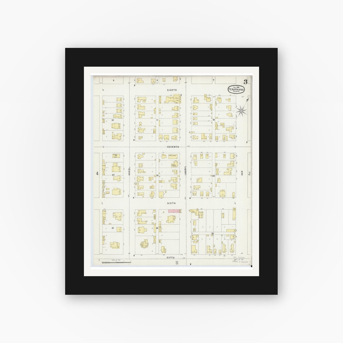 Old map wall art mockup — black gallery frame with white mat — Sanborn Fire Insurance Map from Texarkana, Bowie County, Texas (1896), Sheet #0003